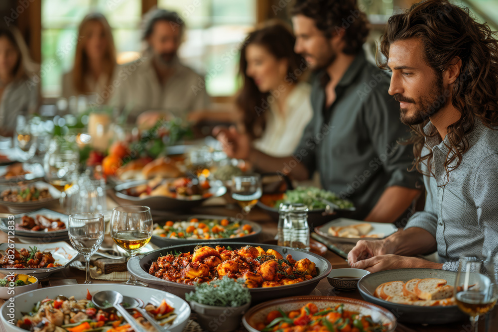 A family dinner table adorned with home-cooked dishes and lively conversation, where loved ones gather to share meals and stories. Concept of familial bonds and shared meals. Generative Ai.