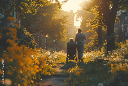 A parent pushing a stroller through a neighborhood park, enjoying the fresh air and sunshine with their young child. Concept of outdoor recreation and family bonding. Generative Ai.