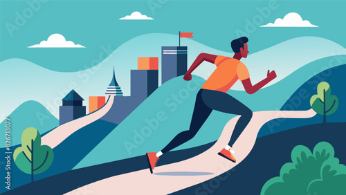 The runner pushes their limits by taking on steep inclines and winding roads testing their endurance and determination as they navigate through the. Vector illustration