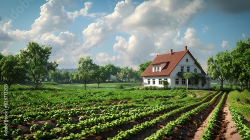 Natural beauty of a rural farmhouse with fields of crops