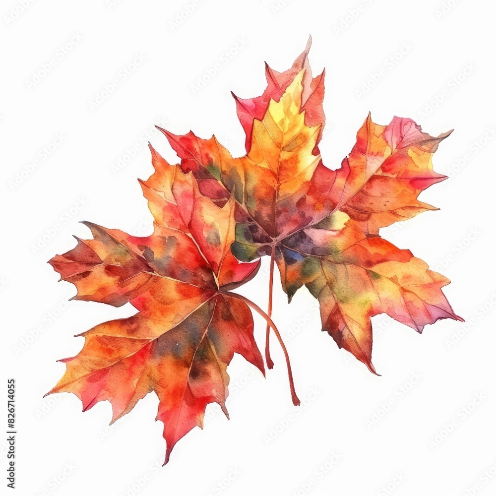 Fototapeta premium Ultra realistic watercolor style illustration of fall leaves of maple, high detailed, close up, isolated on white