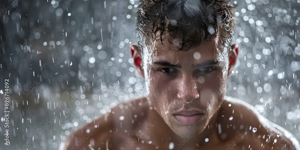 Obraz premium Champion Athlete Pushes Through Adversity in the Rain. Concept Athlete, Adversity, Rain, Pushing Limits, Champion mentality