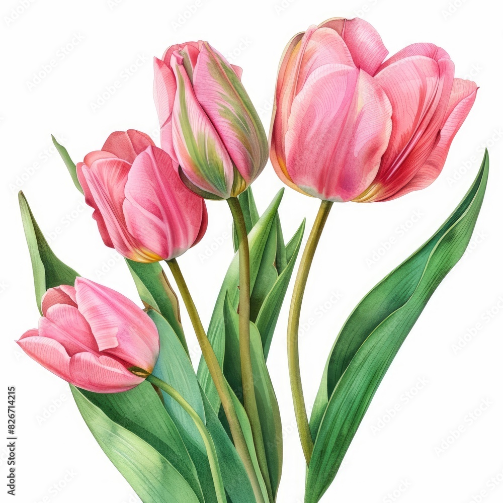Fototapeta premium Ultra realistic watercolor style illustration of tulips, high detailed, close up, isolated on white