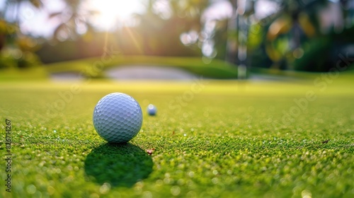Close-up of a golf ball on a putting green with the pin and green in the background