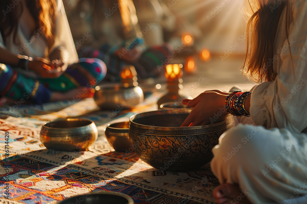 Meditation, Tibetan singing bowls and incense. Woman on the seashore relaxes meditating, mental health, Buddhism Meditation, Tibetan singing bowls and incense. Woman on the seashore relaxes meditating, mental health, Buddhism