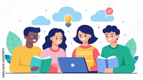 A group of friends study together using a shared AIbased study guide which adapts to each individuals learning style and provides personalized. Vector illustration