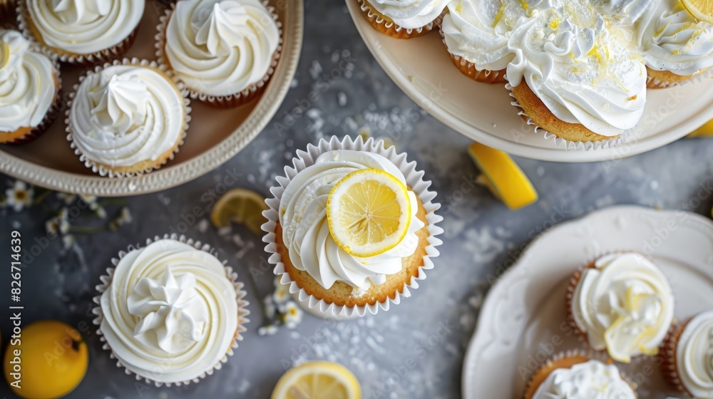 Close up of lemon cake and lemon muffins with frosting on the table captured from above in a horizontal view Close up of lemon cake and lemon muffins with frosting on the table captured from above in a horizontal view