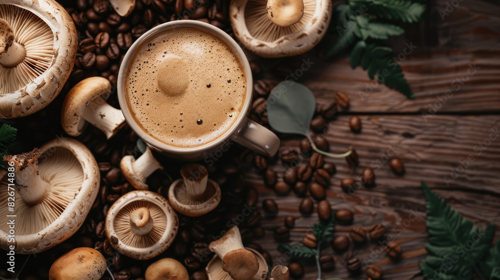 A cup of mushroom coffee on the table, surrounded by mushrooms and coffee beans A cup of mushroom coffee on the table, surrounded by mushrooms and coffee beans