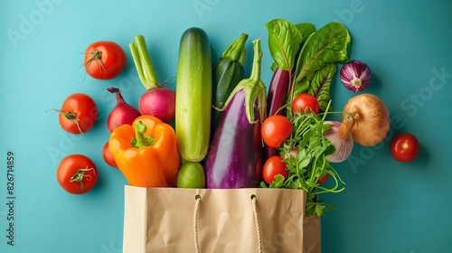 Healthy food background - fresh fruits and vegetables in paper bag on white. Food delivery  shopping concept