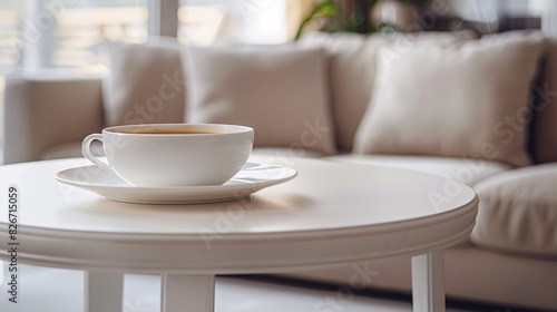 In the tranquil ambiance the living room mug of freshly brewed hot coffee rests gracefully on a pristine white coffee table. Wisps steam rise gently from the surface  carrying with them the rich aroma