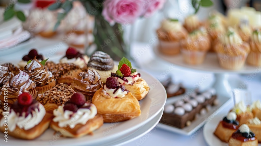 Tray of Tasty Pastries on Stylish White Table at Party