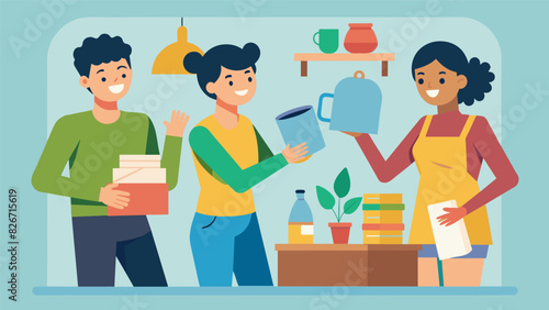 A trio of friends embark on a DIY home decor project showing their viewers how to turn ordinary household items into stylish and functional pieces for. Vector illustration