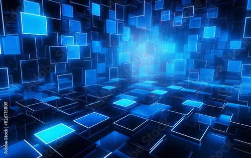 Glowing blue neon squares a...