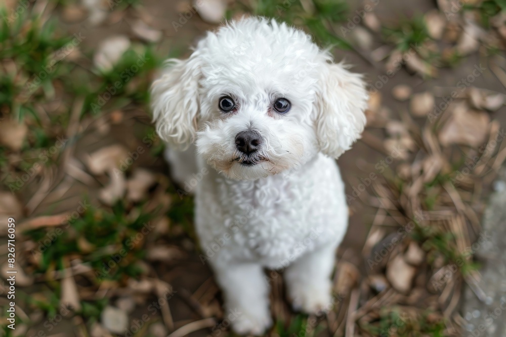 Adorable white bichon frise puppy gazing up with innocent eyes, set against a natural outdoor backdrop Adorable white bichon frise puppy gazing up with innocent eyes, set against a natural outdoor backdrop