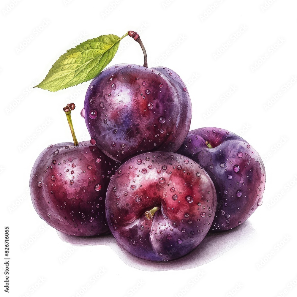 Obraz premium Ultra realistic watercolor style illustration of plums, high detailed, close up, isolated on white
