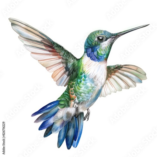 Ultra realistic watercolor style illustration of hummingbird, high detailed, close up, isolated on white