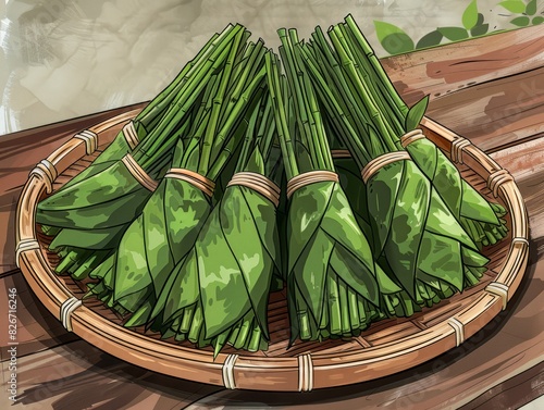 A basket of green vegetables is on a wooden table. The vegetables are tied together with string photo
