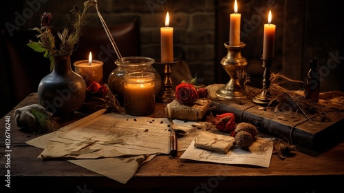 Vintage Still Life With Illuminated Candles, Antique Books, And Dried Roses. Generative AI
