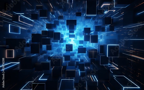 Glowing blue neon squares a...