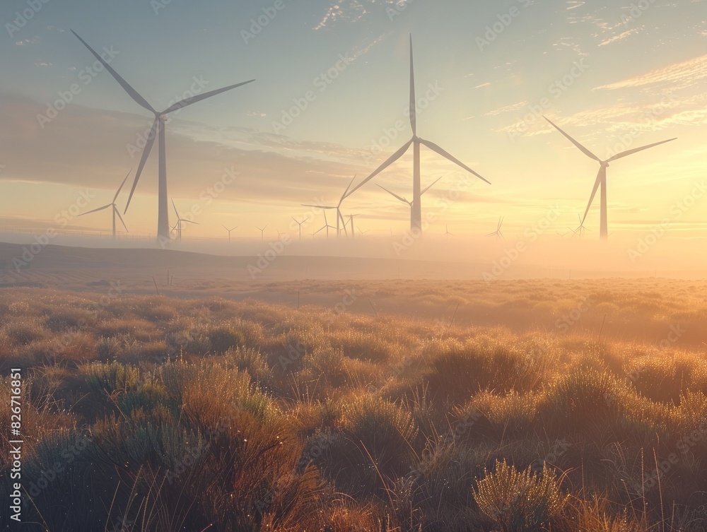 A field of wind turbines with a foggy sky in the background A field of wind turbines with a foggy sky in the background