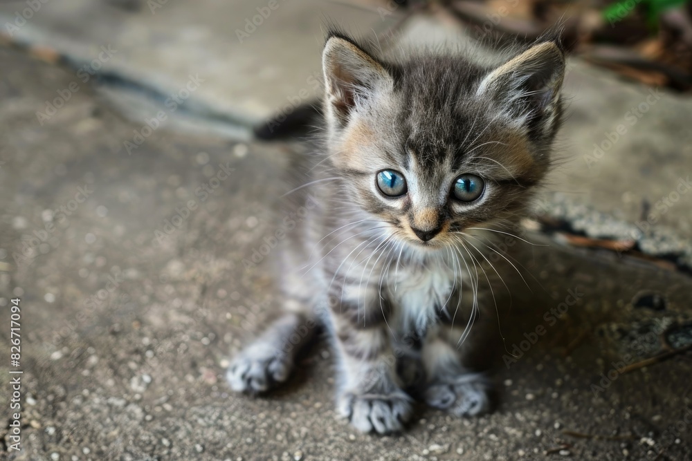 Adorable tabby kitten with cute blue eyes and grey fur sitting outdoors on concrete, showcasing the beauty and innocence of a young domestic feline pet in a playful and curious portrait Adorable tabby kitten with cute blue eyes and grey fur sitting outdoors on concrete, showcasing the beauty and innocence of a young domestic feline pet in a playful and curious portrait