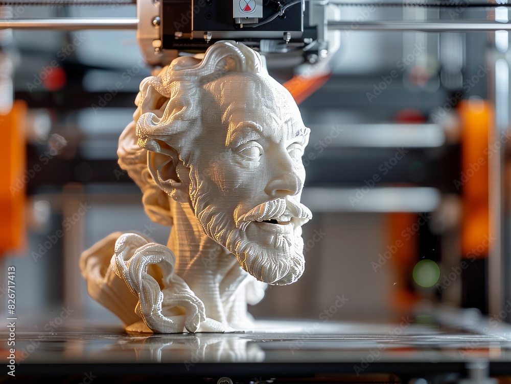 A man's head is being printed out of a 3D printer. The man's face is white and has a beard. Concept of technology and innovation, as 3D printing is a relatively new A man's head is being printed out of a 3D printer. The man's face is white and has a beard. Concept of technology and innovation, as 3D printing is a relatively new