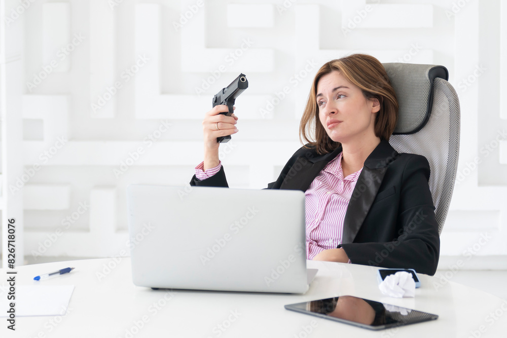 Tired frustrated and overworked business woman sitting in the office and thinking about problems in business Tired frustrated and overworked business woman sitting in the office and thinking about problems in business