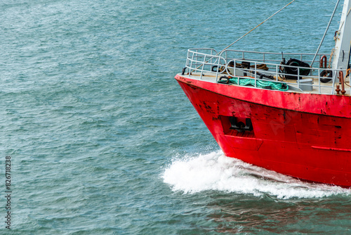 Bow of a trawler fishing vessel, sailing in the Atlantic Ocean