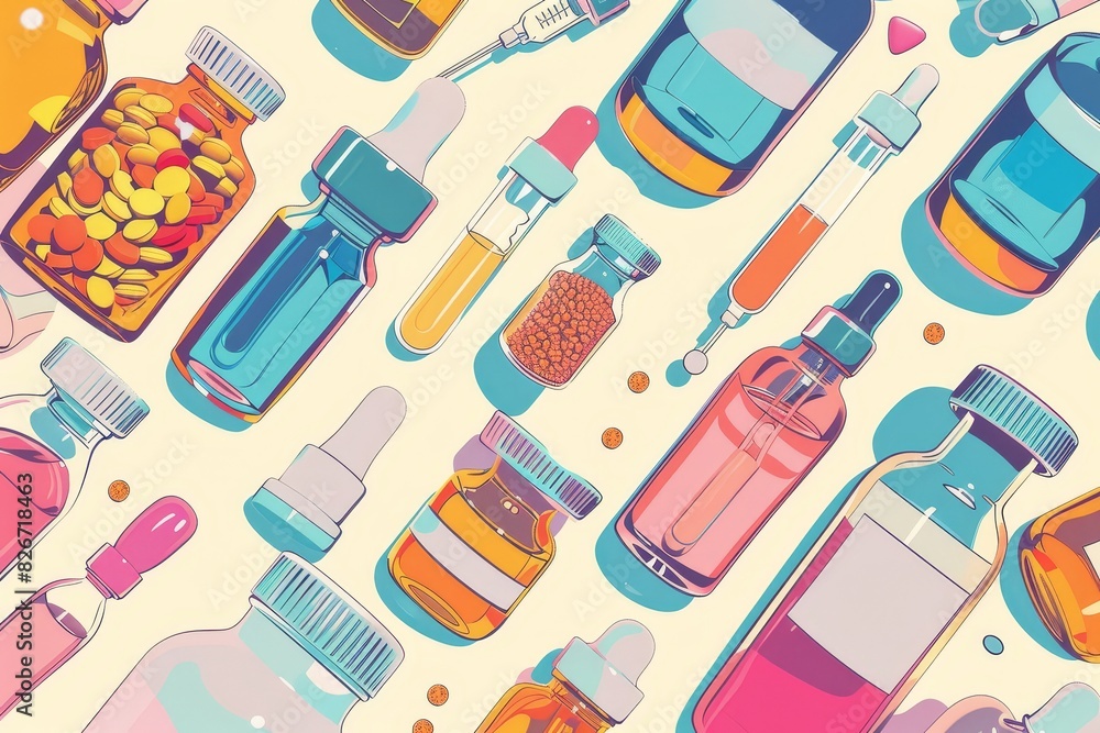Cartoon drawing of a range of liquid medications and droppers, top view in flat design, pharmaceutical theme, vividly colored close up, medicinal care, vibrant, Fusion, doctors office backdrop Cartoon drawing of a range of liquid medications and droppers, top view in flat design, pharmaceutical theme, vividly colored close up, medicinal care, vibrant, Fusion, doctors office backdrop