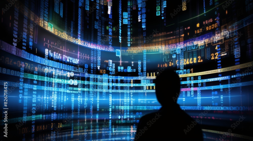 Silhouette Of A Man Immersed In A Virtual Reality Of Glowing Data And Graphs. Generative AI Silhouette Of A Man Immersed In A Virtual Reality Of Glowing Data And Graphs. Generative AI