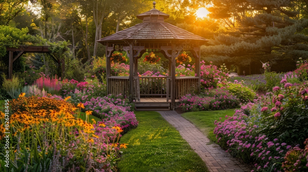 A beautiful garden with a gazebo and a path leading to it A beautiful garden with a gazebo and a path leading to it