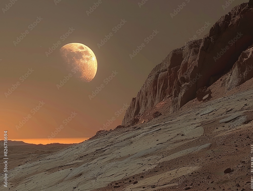 A large moon is in the sky above a rocky hill. The hill is rocky and barren, with no vegetation in sight. The scene is peaceful and serene
