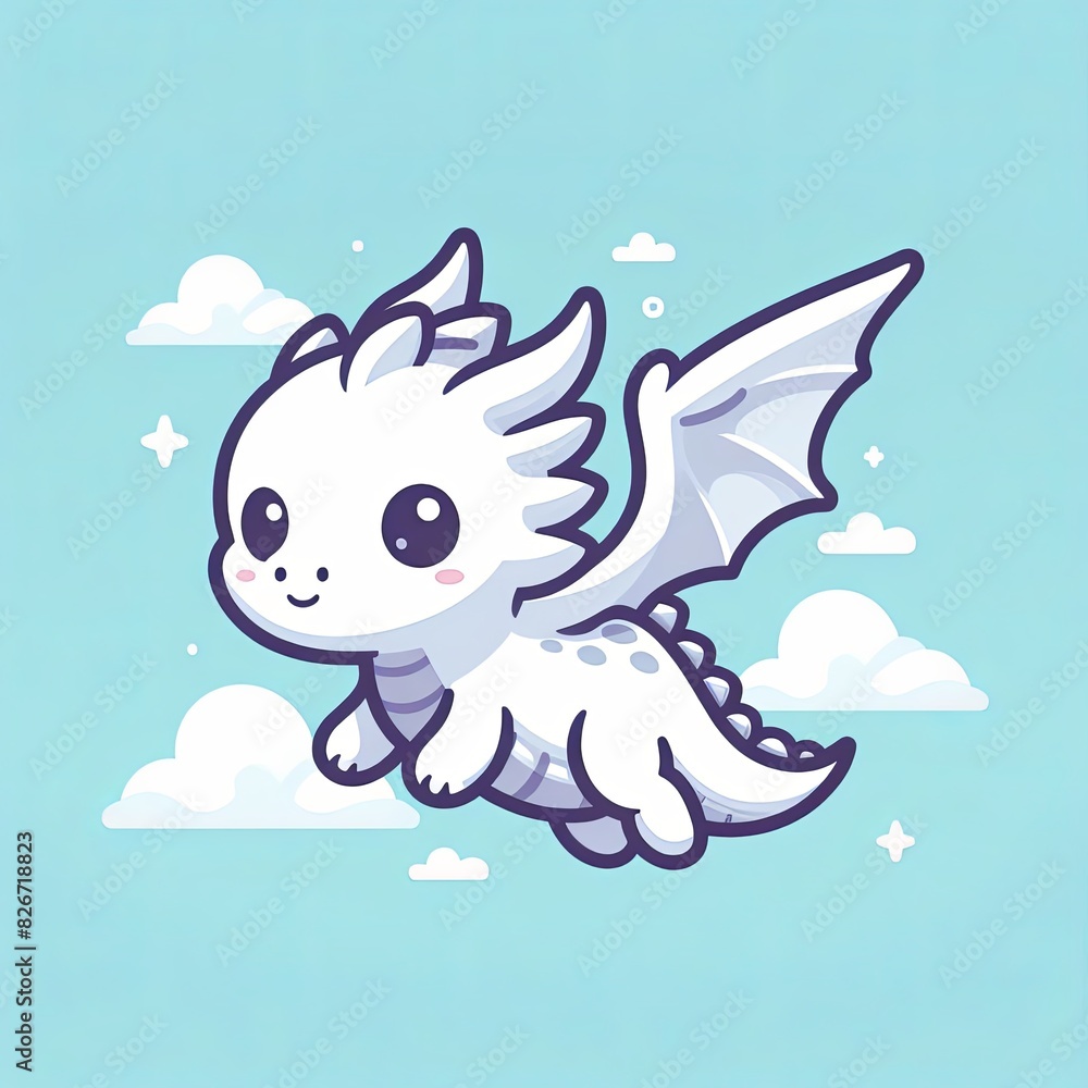Obraz premium cute white dragon flying cartoon vector icon illustration animal nature icon isolated flat vector Generative AI