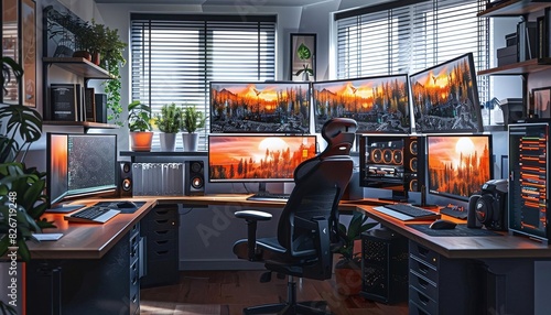 hightech home office setup with multiple monitors, ergonomic furniture, and smart devices for productivity photo