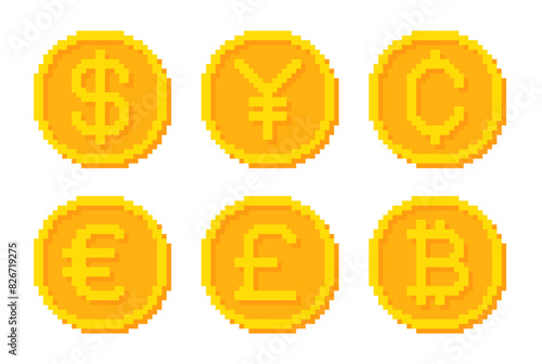 vektor kumpulan koin bergaya piksel. mata uang, dolar, euro, poundsterling, yen, sen, bitcoin