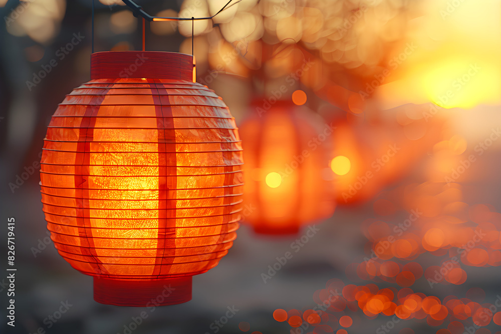 Fototapeta premium Chochin paper lanterns on blurred background. Obon festival is an annual Japanese holiday that commemorates and remembers deceased ancestors