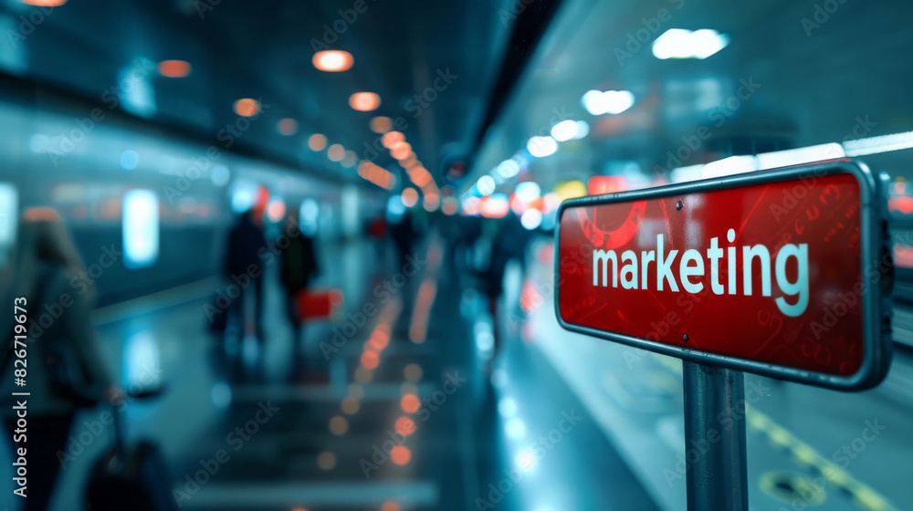 Red marketing sign stands out in a bustling airport corridor with blurry travelers Red marketing sign stands out in a bustling airport corridor with blurry travelers