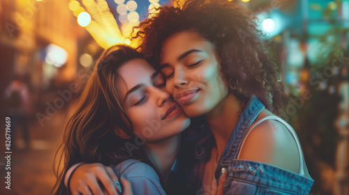 A romantic portrait of two young lesbian girls of different races hugging on an evening city street. Tender relationship of two loving hearts, trust and creation of a family