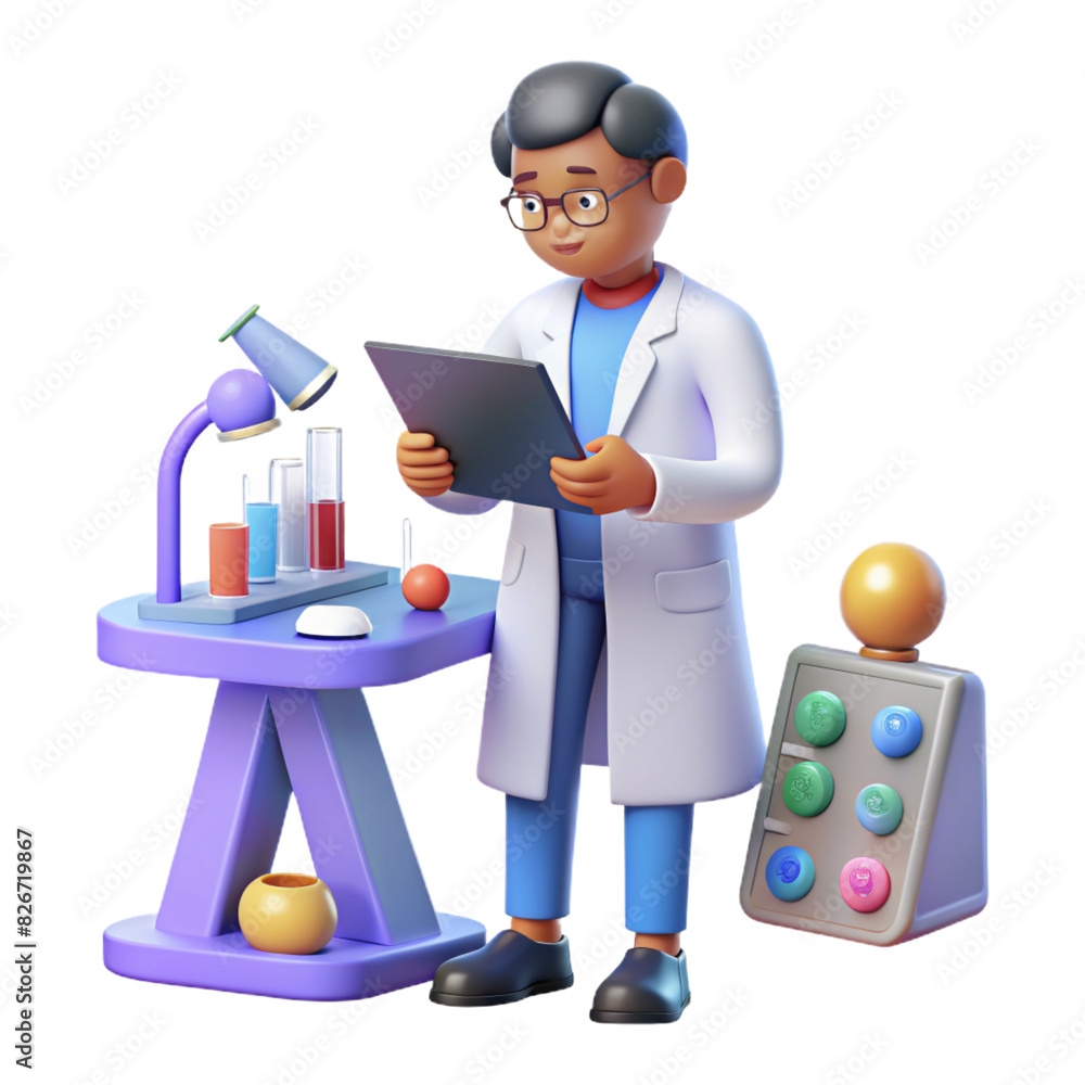 3D Icon of Scientist Conducting Laboratory Research with Equipment isolated PNG transparent background 3D Icon of Scientist Conducting Laboratory Research with Equipment isolated PNG transparent background
