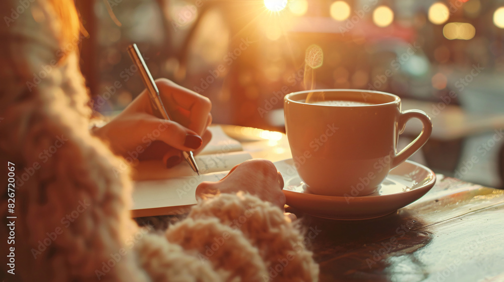 custom made wallpaper toronto digitalCozy morning coffee and journaling. Woman enjoying a hot cup of coffee while journaling in a cafe with warm morning sunlight.