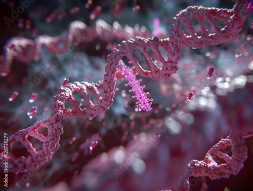 A close up of a pink DNA strand with a pink and purple speckled strand of DNA photo