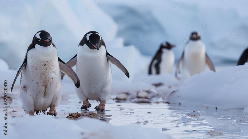 Obraz premium Charming Colony: Penguins Parade on Icy Antarctic Coastline