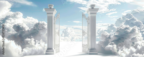 White clouds in the sky, with a white heavenly background and gates to paradise. A cloudy white sky with a heaven gate in front of the camera against a white background. A white heavenly background