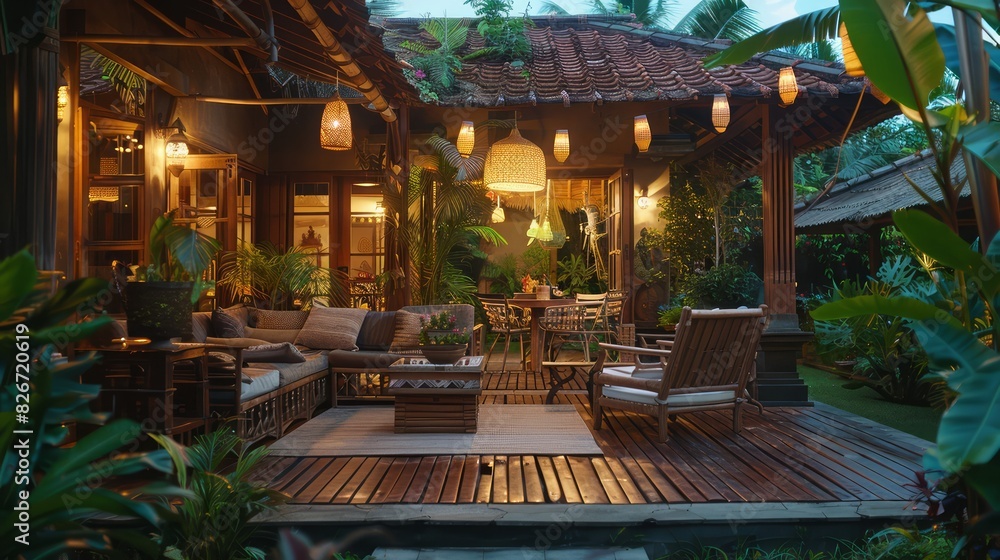 A beautiful outdoor patio with a wooden deck and a lush green lawn A beautiful outdoor patio with a wooden deck and a lush green lawn