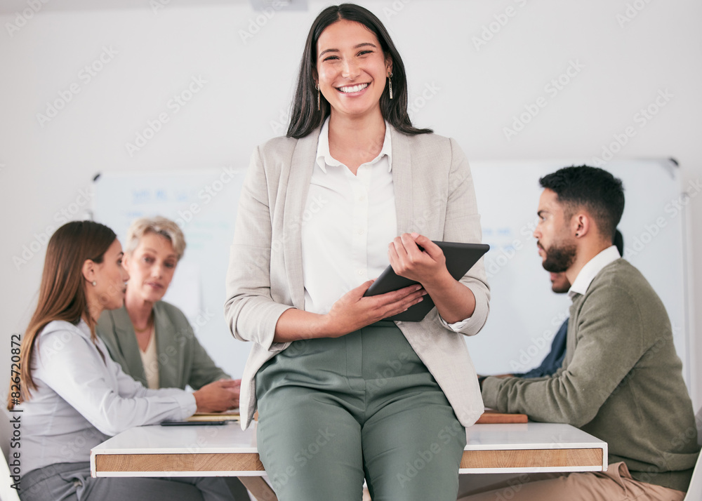Φωτογραφία Businesswoman, tablet and portrait in team at office for brainstorming, ideas and planning with smile