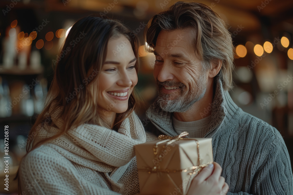 Wife surprising her husband with a thoughtful gift on their anniversary. Concept of appreciation and thoughtfulness. Generative Ai. Wife surprising her husband with a thoughtful gift on their anniversary. Concept of appreciation and thoughtfulness. Generative Ai.
