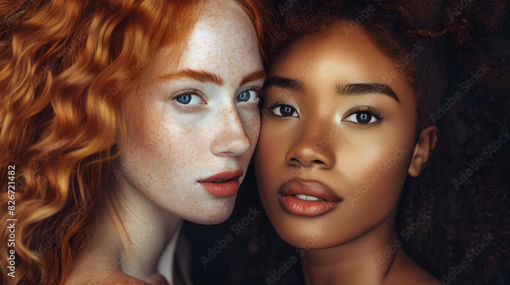 Close-up portrait of two diverse women with natural beauty. Vivid and detailed depiction of friendship and diversity. Perfect for beauty and lifestyle purposes. AI Close-up portrait of two diverse women with natural beauty. Vivid and detailed depiction of friendship and diversity. Perfect for beauty and lifestyle purposes. AI