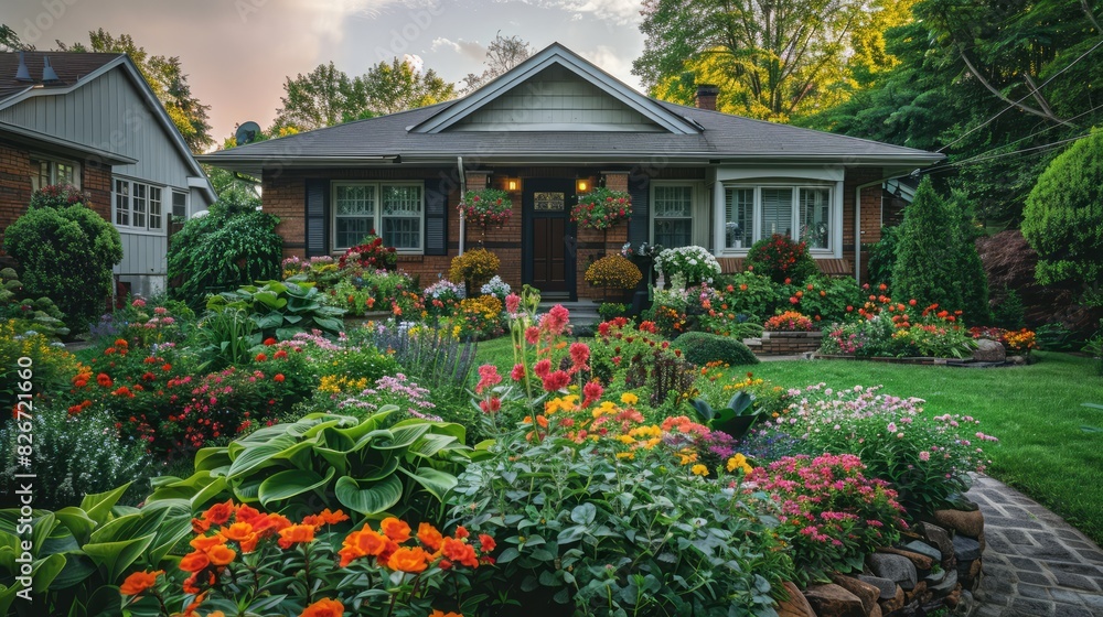 Obraz premium A house with a large garden in front of it