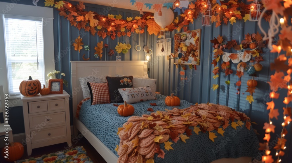 Cozy and Inviting Child's Bedroom Decorated with Handmade Crochet Fall Decorations, Including Small Pumpkins and Leaf Garlands Cozy and Inviting Child's Bedroom Decorated with Handmade Crochet Fall Decorations, Including Small Pumpkins and Leaf Garlands