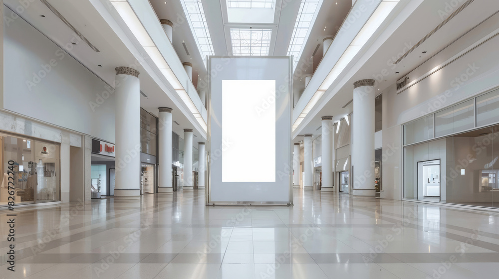 Bright and airy shopping center hallway featuring a large empty advertising space Bright and airy shopping center hallway featuring a large empty advertising space